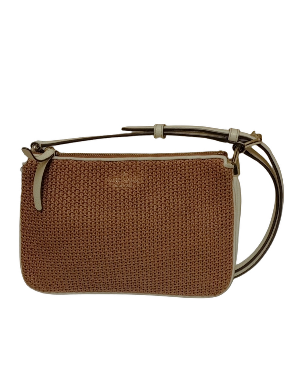 KATE SPADE TAN STRAW WICKER WOVEN CROSSBODY BAG WITH WHITE LEATHER ACCENTS - Picture 2 of 15